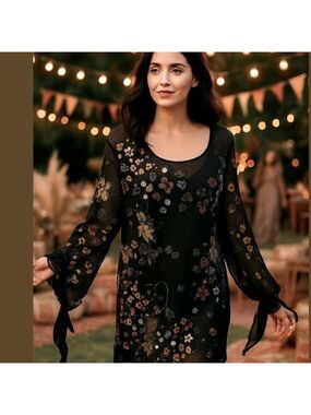 NWOT 90s FAIR CHILD BLACK SHEER W SEQUINS & BEADING IN FLORAL DESIGNS TUNIC 1X